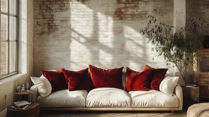 Wall Mural - cozy home decor, rustic linen sofa with burgundy velvet cushions in warm living room with soft natural light