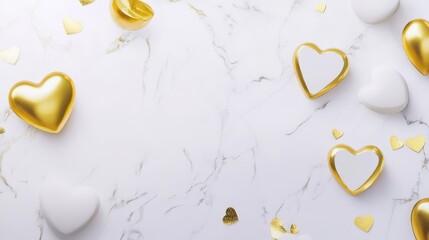 Wall Mural - White marble background with golden hearts, romantic and elegant, heart shapes, wedding or valentine theme