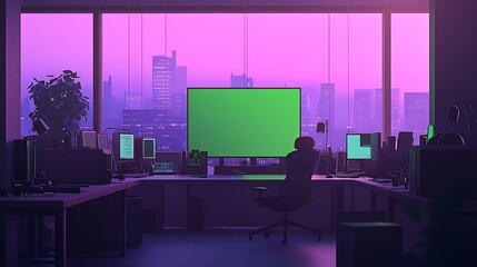 Modern office at sunset with green screen monitor.