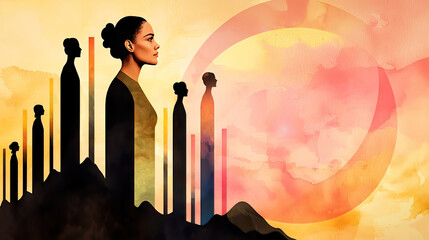 Wall Mural - Women history honors equality and leadership. It empowers activism and inspires. Silhouette of Woman Surrounded by Abstract Figures in Landscape