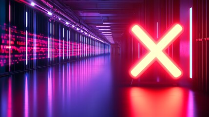 Wall Mural - Neon cross in futuristic server room.