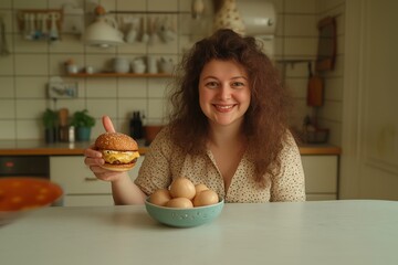 Wall Mural - A smiling woman holds a burger while sitting at a table with eggs, promoting keto desserts as part of a healthy ketogenic diet for weight loss.