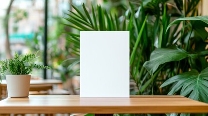 Poster - White blank vertical sign standing on a wooden table with a small plant in a pot on the left and bigger green plants on the right, perfect for showcasing your design in a natural setting