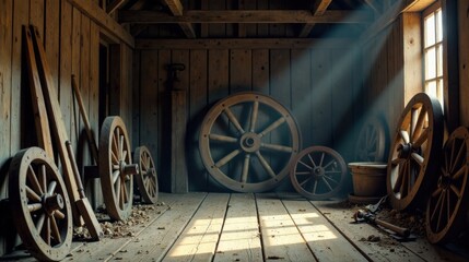 Aufkleber - Rustic Wooden Room with Antique Spoked Wheels and Sunlight Streaming Through Window