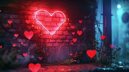 Aufkleber - A vibrant neon heart glows against a textured brick wall, surrounded by cascading heart-shaped decorations. The setting is serene, with soft lighting creating a romantic ambiance.