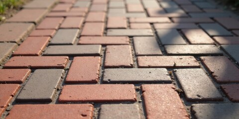 Fototapete - Sunlit Brick Pathway A Close-Up View of Interlocking Pavement Stones