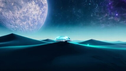 Wall Mural - Futuristic spaceship navigates glowing sand dunes on an alien planet under a large, luminous moon