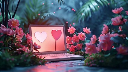 Poster - In a vibrant garden during the evening, a laptop displays two glowing hearts.