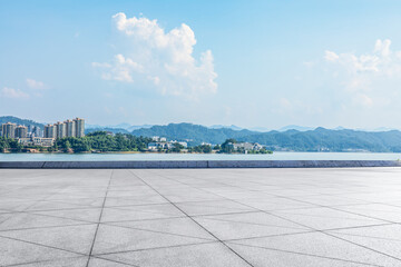 Wall Mural - empty square floor and lake with island nature landscape in summer. outdoor natural background.