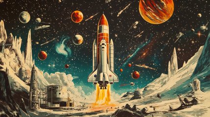 outer space adventure, galaxy research vector rusty metal plates. cosmonaut, satellite and shuttle i