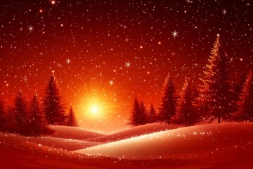 Wall Mural - red christmas background showing snow falling on pine trees at sunset