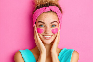 People with acne A smiling woman with a pink headband and facial patches poses playfully against a bright pink background, showcasing a fun skincare routine.