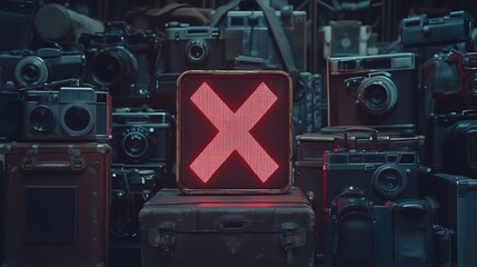 Canvas Print - Red X sign among vintage cameras.