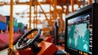 © เด็กชาย นุ่มนิ่ม - cargo management delivery optimization concept. Control panel and monitor in a busy shipping port, showcasing logistics and navigation technology.