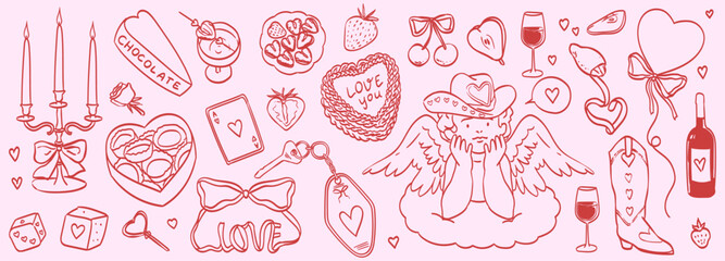 Cute elements decorated with coquette bows, ribbons and hearts. Cupid in cowboy hat, cherry, hearts, wine and cake. Elegant vintage angel on cloud. Hand drawn line art vector illustrations for wedding