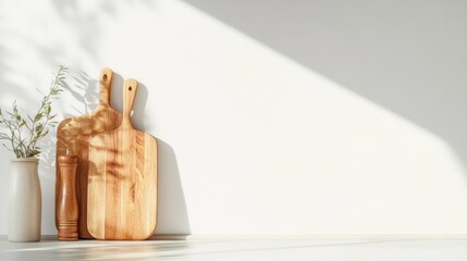 Aufkleber - Sunlight illuminates wooden chopping boards, a pepper mill, and olive branches in a vase, creating a modern and stylish kitchen still life against a white wall with leaf shadows