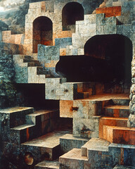 Abstract Stone Structure: A Mystical Architectural Enigma in Cubist Style. World Logic Day