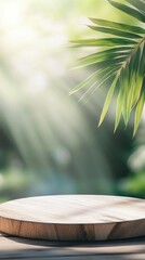 Fototapete - Empty round wooden chopping board showing tropical green leaves and sunbeams filtering through, creating a serene and natural backdrop, perfect for showcasing kitchen or food related products