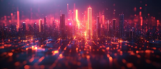 Futuristic city skyline at night with glowing buildings.