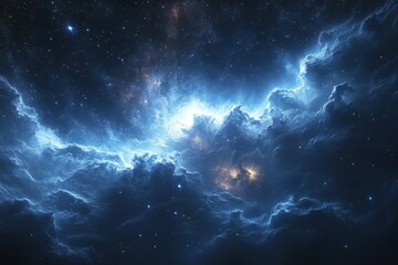 Wall Mural - Dark cosmos filled with swirling clouds and bright stars in a serene night sky