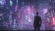 © Tcukimay - Man in suit gazing at futuristic cityscape at night.
