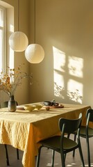 Fototapete - A cozy dining area is adorned with a butter yellow tablecloth, featuring elegant dishes and a soft floral arrangement. Gentle sunlight casts beautiful shadows, enhancing the calm ambiance