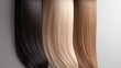 © Moviebirth - Long straight hair extensions, cascading on a glossy black platform, illuminated by soft studio lighting, with realistic color gradients from dark brown to caramel