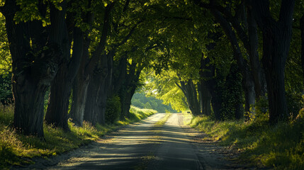 Wall Mural - Scenic tree-lined dirt road with sunlight filtering through the canopy