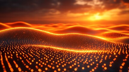 Wall Mural - Glowing orange particles form rolling hills at sunset.