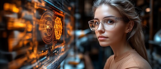 Woman in glasses looks at futuristic interface.