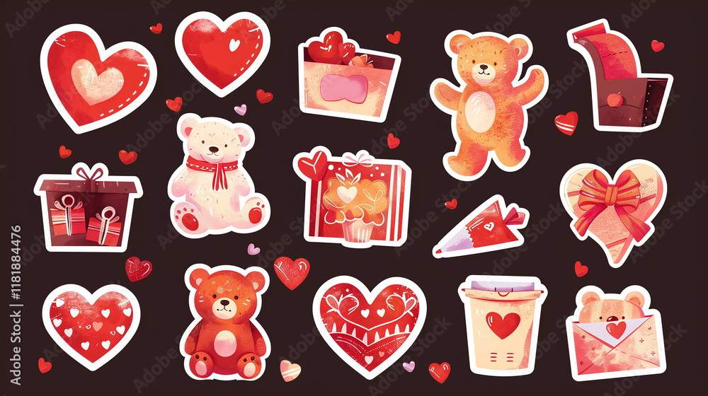 Stickers collection of hearts and teddy bears with pink background ...