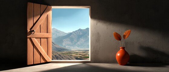 Wall Mural - an open door with a vase and mountains in the background