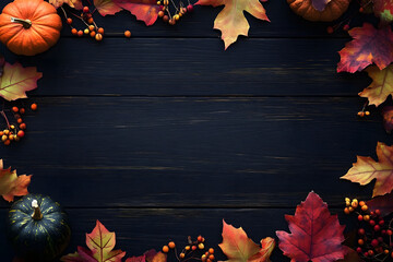 Wall Mural - autumn frame with cute colorful leaves and pumpkins. thanksgiving and harvest day trendy black woode