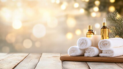 Aufkleber - Christmas spa composition with rolled white towels, essential oils bottles, burning candle, fir tree branch on wooden table with festive bokeh lights creating relaxing holiday atmosphere