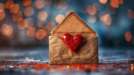Poster - A creatively designed envelope rests against a shimmering bokeh backdrop, adorned with a sparkling red heart. This setting is perfect for conveying love during special occasions.