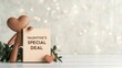 © Pixelbiz - Valentine's special deal sale banner concept. A cute heart-shaped decoration stands beside a sign announcing a Valentine's special deal, set against a softly glowing background.
