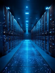 blue-lit server room corridor with glowing floor.