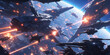 © draftseptember - Anime sci-fi environment, a battle scene on a spaceship with laser fire and explosions, space combat, futuristic weaponry..