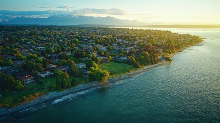 Wall Mural - Aerial sunset view of coastal town with houses, ocean, and mountains.