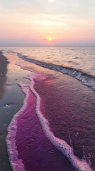 Wall Mural - serene sunset over sandy beach with vibrant pink waves lapping at shore