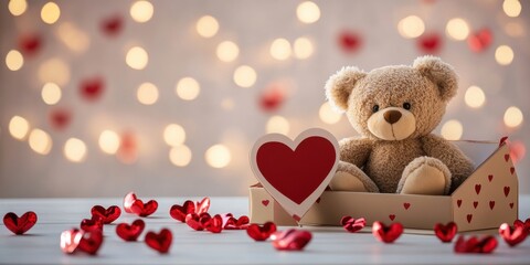 Wall Mural - Love and Lights: A cuddly teddy bear sits in a heart-shaped box, surrounded by twinkling lights and scattered red hearts, radiating warmth and affection.  