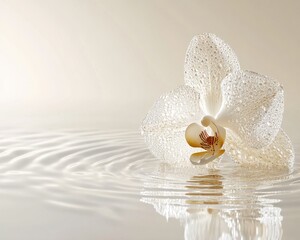 Elegant white orchid flower floating on tranquil water surface, creating calming waves.