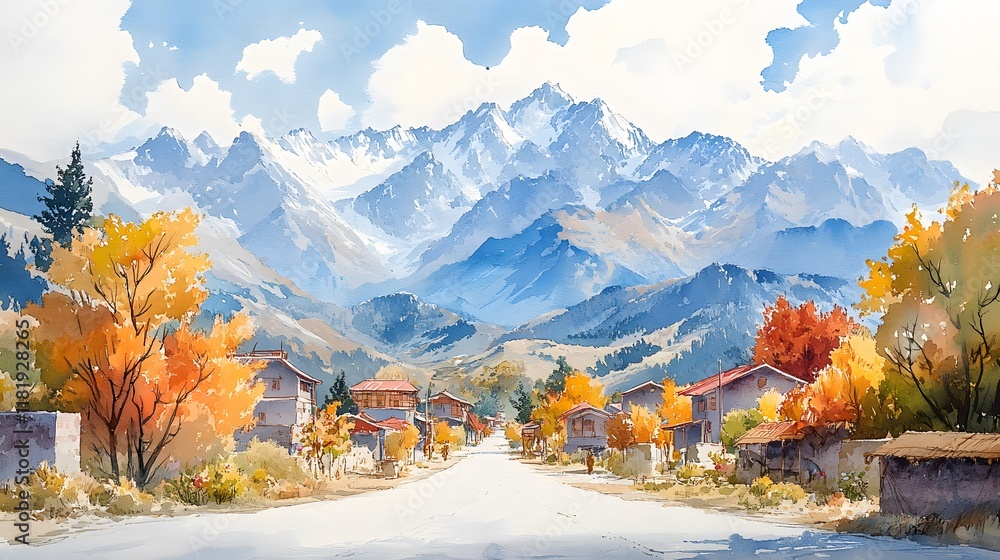 Watercolor illustration of a mountain village in Central Asia preparing for Nowruz with colorful decorations and rituals