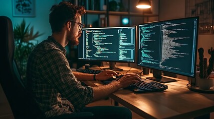 Focused programmer coding late at night on dual monitors. (1)