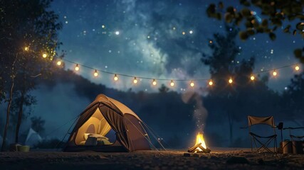 Wall Mural - tent with lights in the night forest camping with beautiful night sky