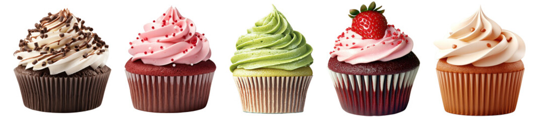 PNG Colorful cupcakes with diverse toppings, element set on transparent background