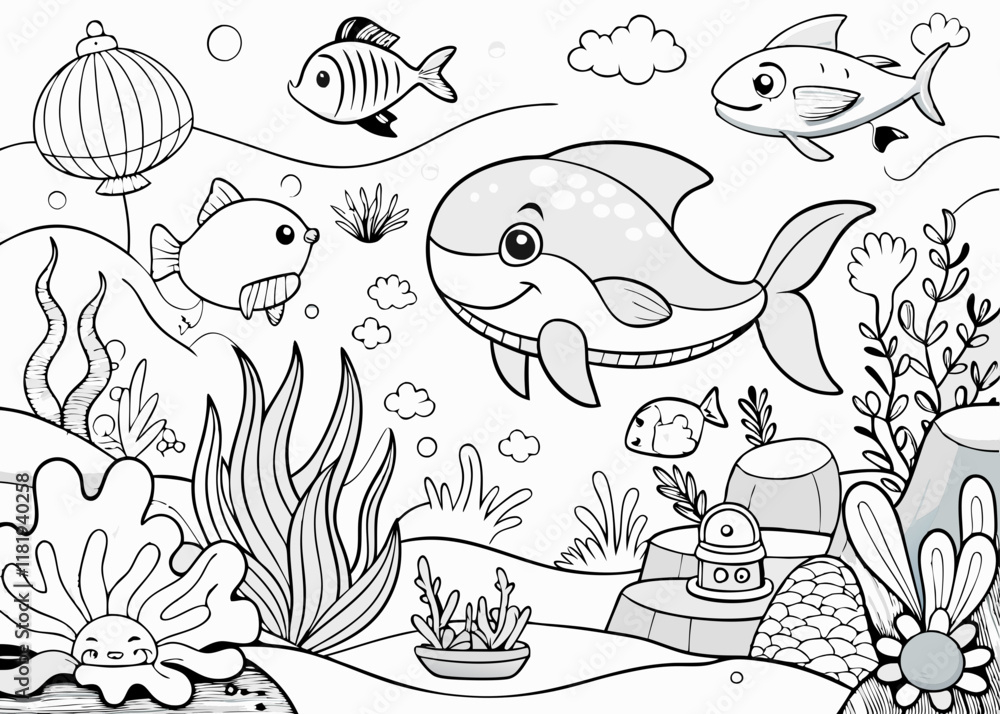 Underwater Ocean Scene Coloring Page, Printable for Kids. Stock Vector