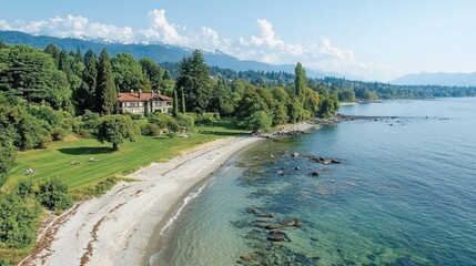 Wall Mural - Aerial view of a serene beach, house, and mountains.