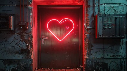 Poster - A vivid neon heart glows brightly on a distressed door in a gritty urban alley, surrounded by worn walls and graffiti, creating a striking contrast against the dark setting.