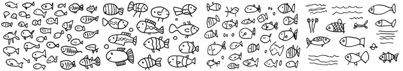 Poster - Hand-drawn illustration with an ink background featuring numerous fish in the water, designed for relaxation and meditation. Suitable as a modern illustration for coloring book pages for both kids